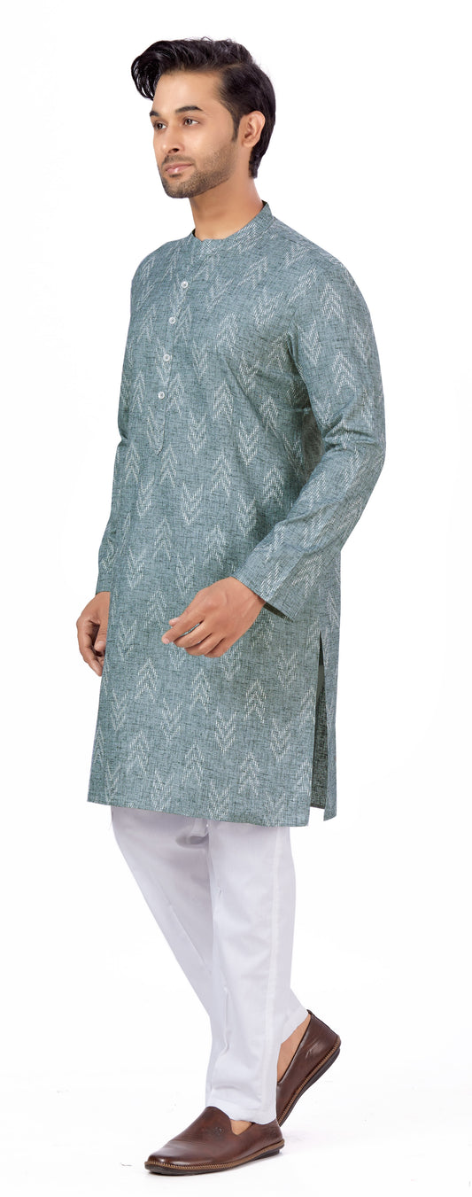 Men's Grey Cotton Blend Relaxed Fit Ikat Printed Knee Length Kurta (Design 119)