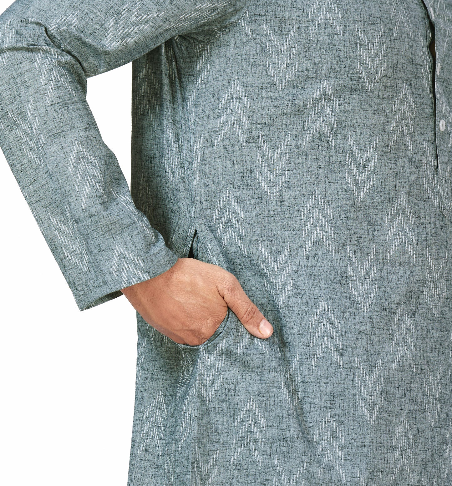 Men's Grey Cotton Blend Relaxed Fit Ikat Printed Knee Length Kurta (Design 119)