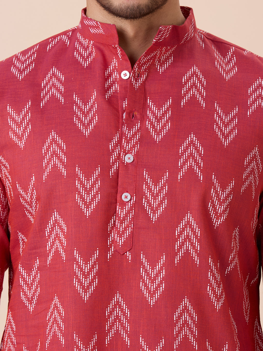 Men's Light Maroon Cotton Blend Relaxed Fit Ikat Printed Knee Length Kurta (Design 119)