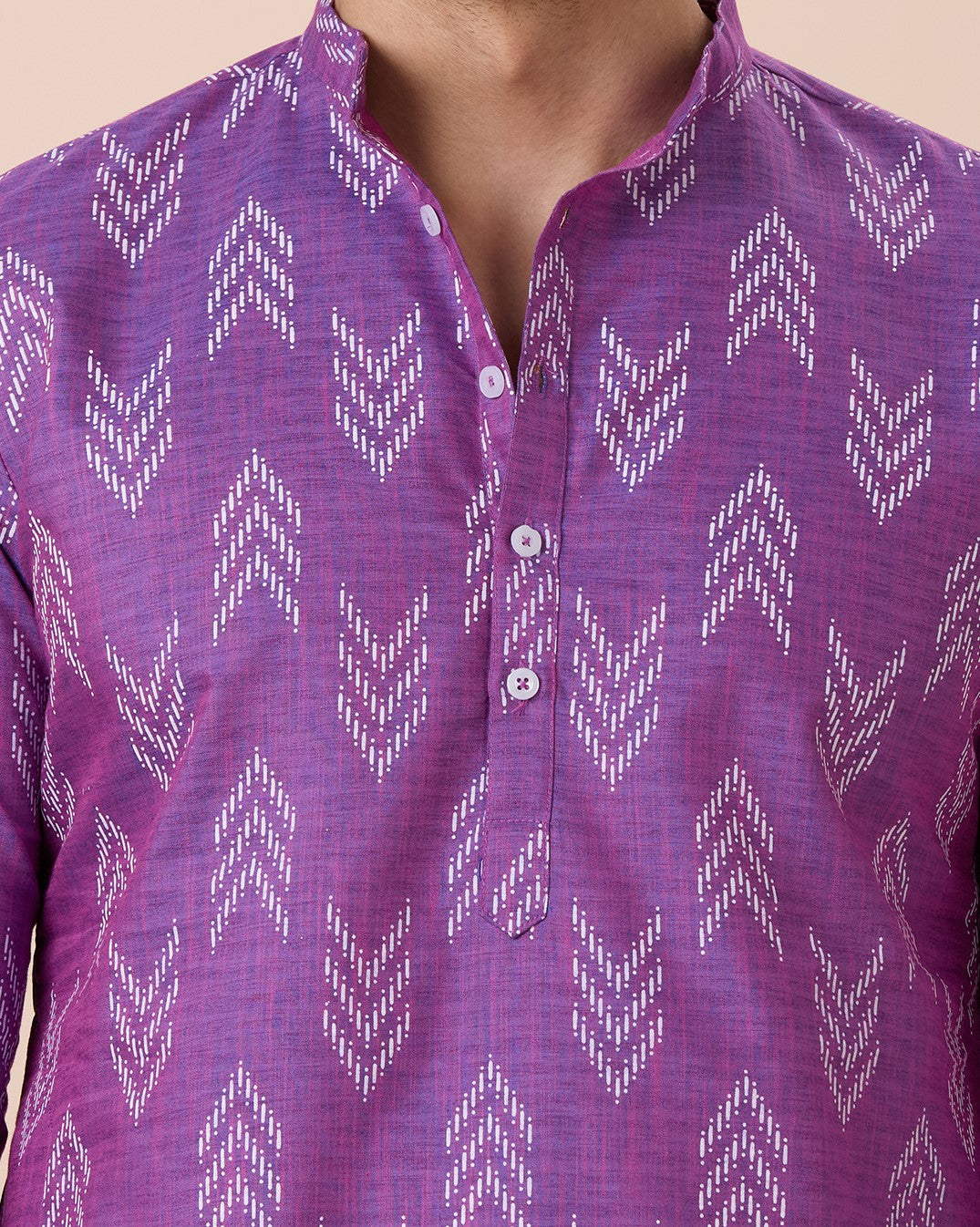 Men's Purple Cotton Blend Relaxed Fit Ikat Printed Knee Length Kurta (Design 119)