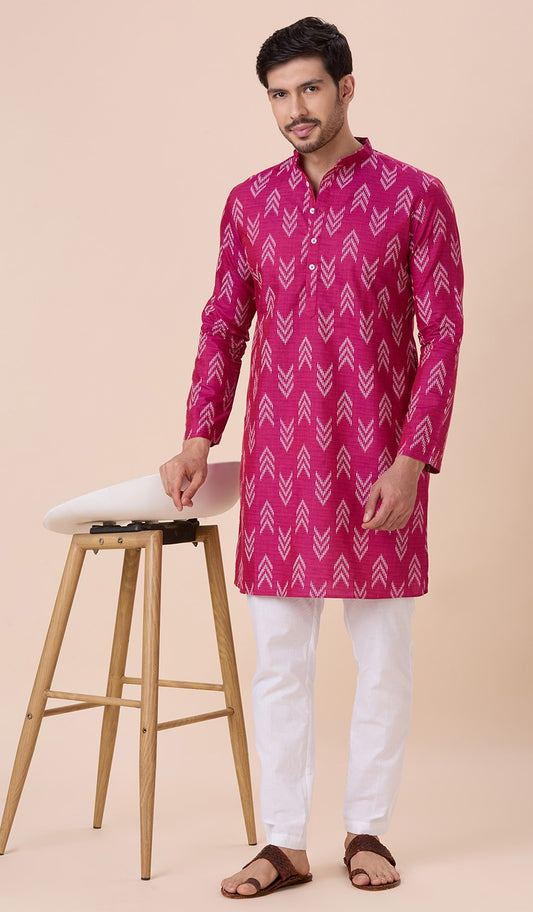 Men's Rani Cotton Blend Relaxed Fit Ikat Printed Knee Length Kurta (Design 119)
