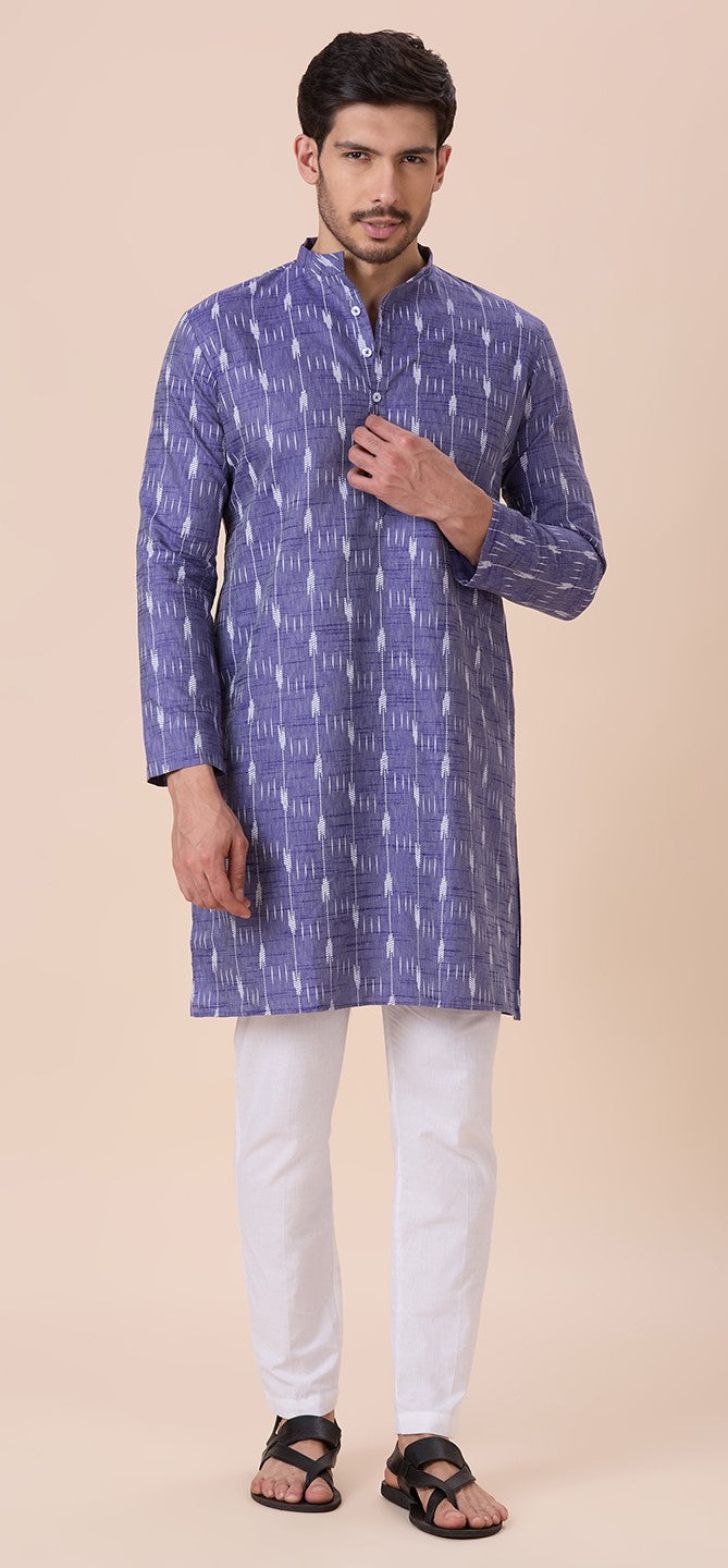 Men's Blue Cotton Blend Ikat Printed Knee Length Kurta (Design 128)