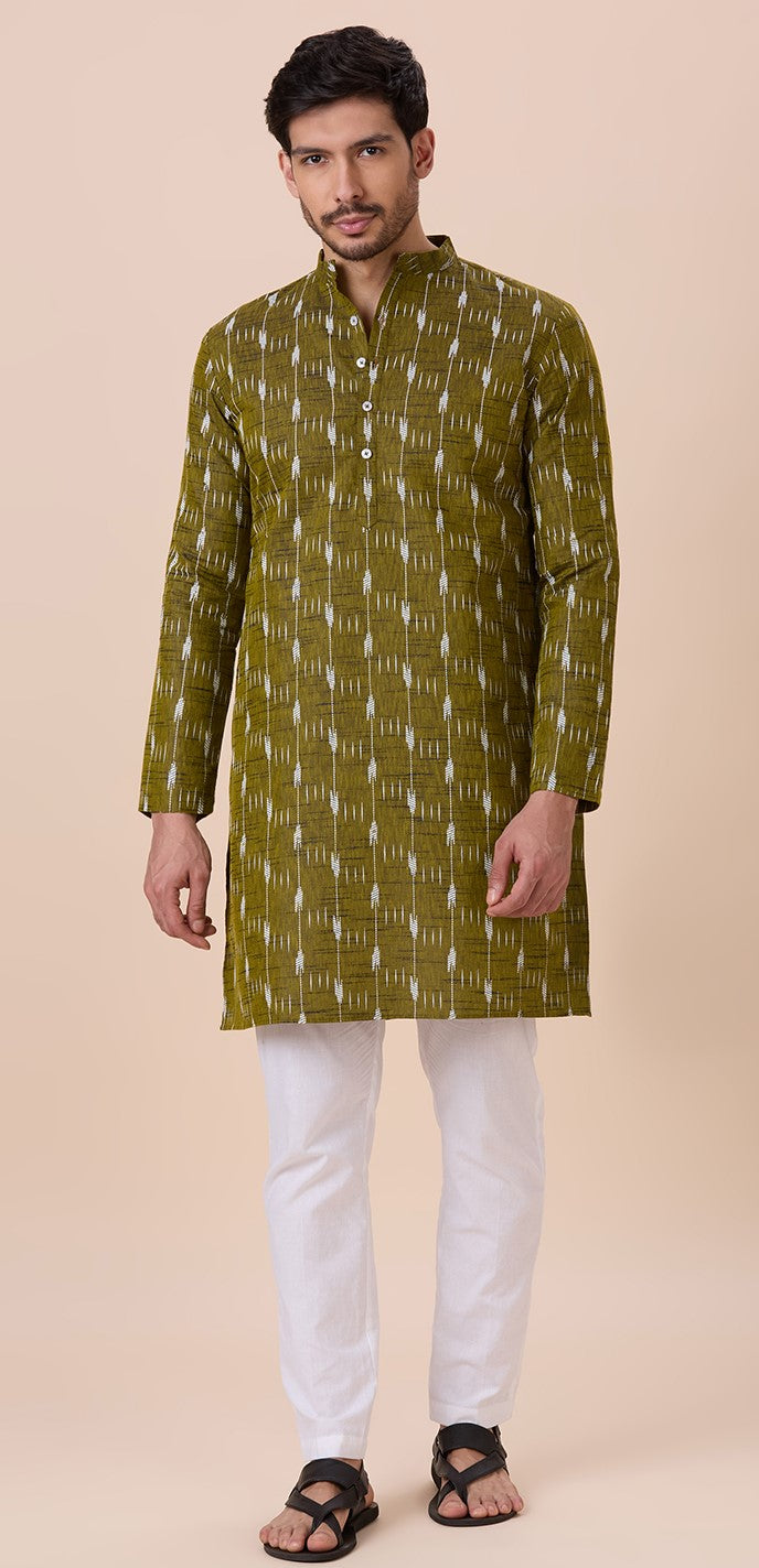 Men's Mehndi Cotton Blend Ikat Printed Knee Length Kurta (Design 128)