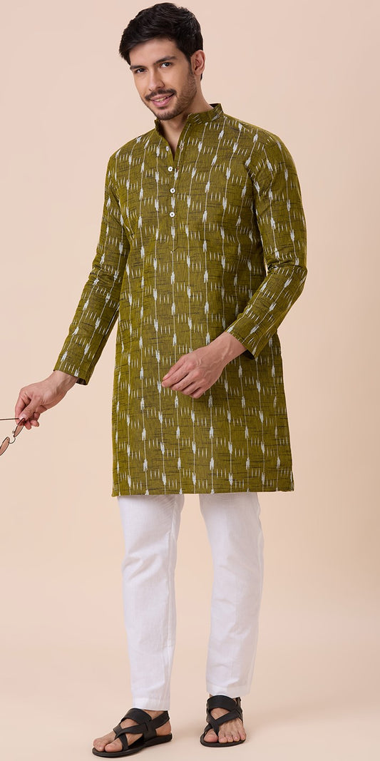 Men's Mehndi Cotton Blend Ikat Printed Knee Length Kurta (Design 128)