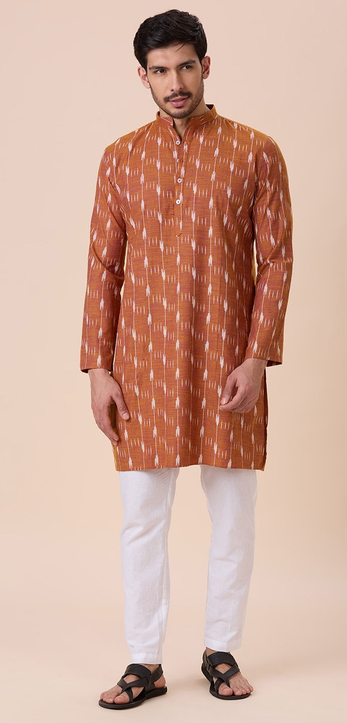 Men's Mustard Cotton Blend Ikat Printed Knee Length Kurta (Design 128)
