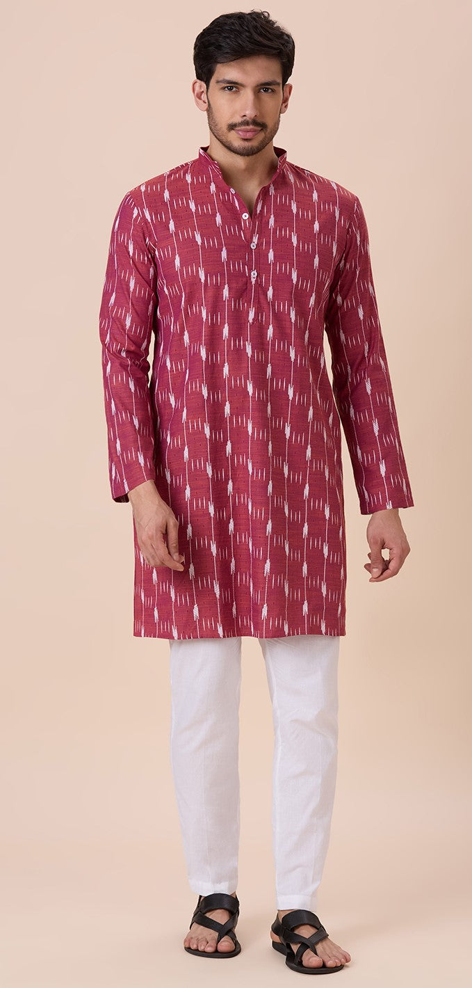 Men's Purple Orange Cotton Blend Ikat Printed Knee Length Kurta (Design 128)