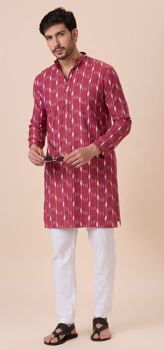 Men's Purple Orange Cotton Blend Ikat Printed Knee Length Kurta (Design 128)