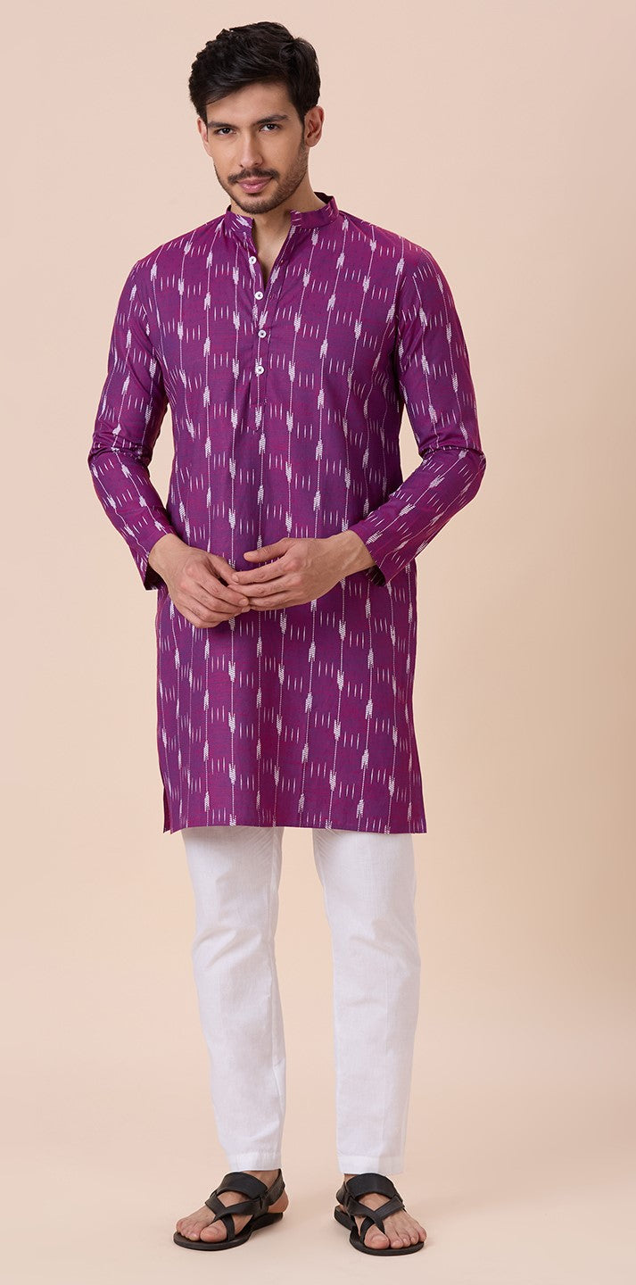 Men's Purple Cotton Blend Ikat Printed Knee Length Kurta (Design 128)
