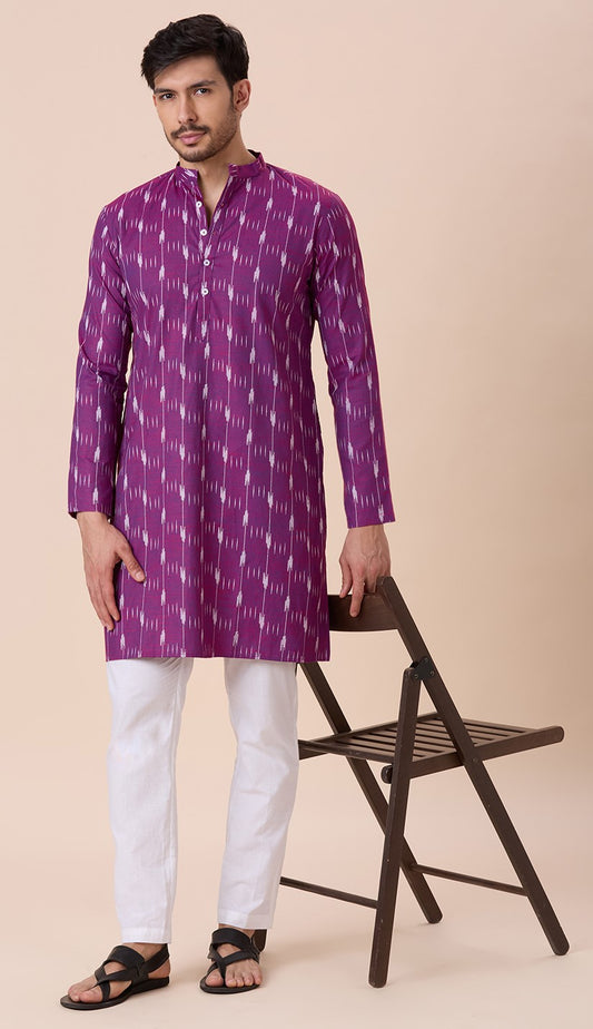 Men's Purple Cotton Blend Ikat Printed Knee Length Kurta (Design 128)