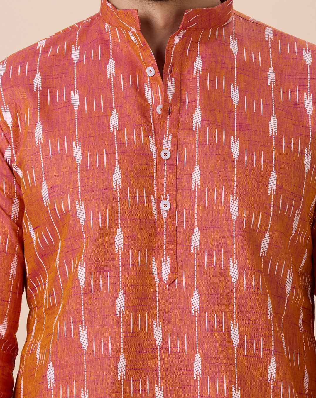 Men's Orange Rani Cotton Blend Ikat Printed Knee Length Kurta (Design 128)