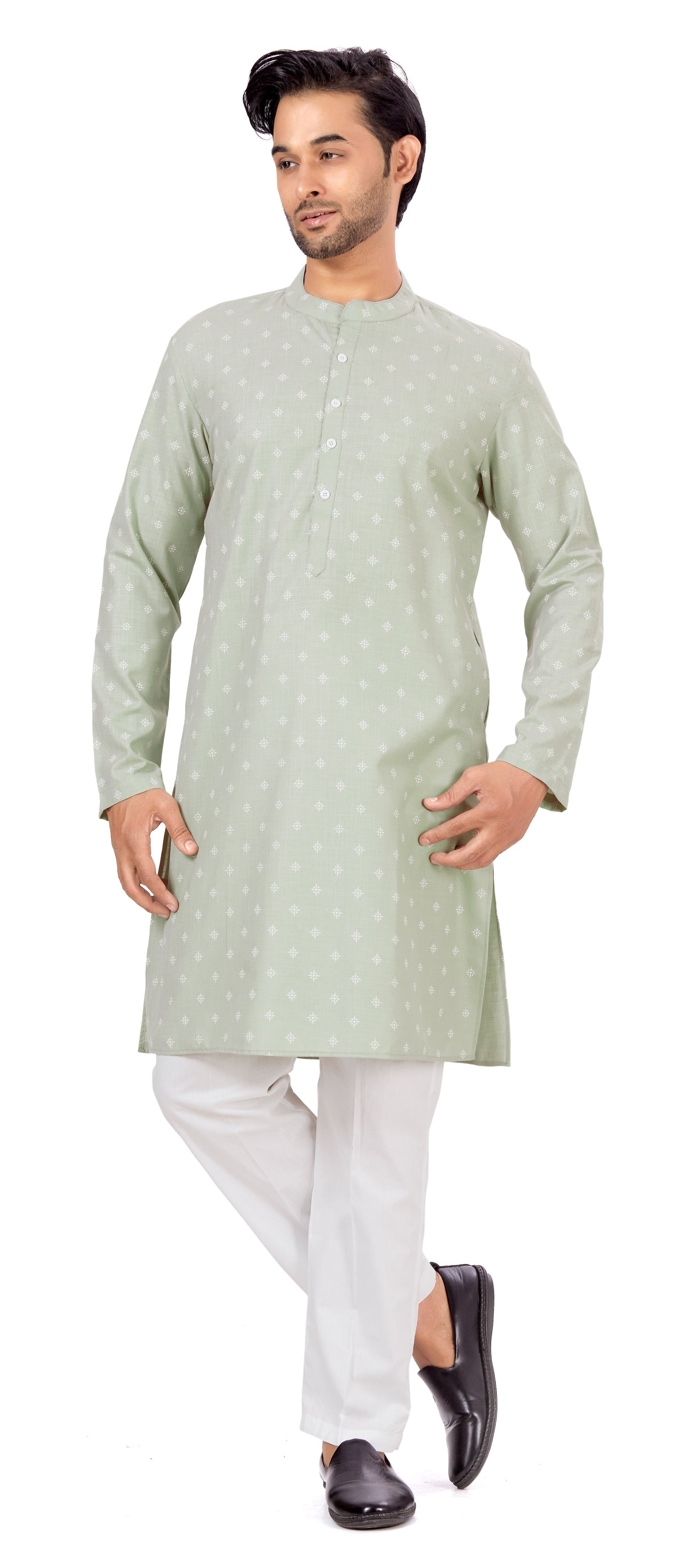 Men's Green Pastel Coloured Cotton Blend Relaxed Fit Printed Knee Length Kurta (Design 130)