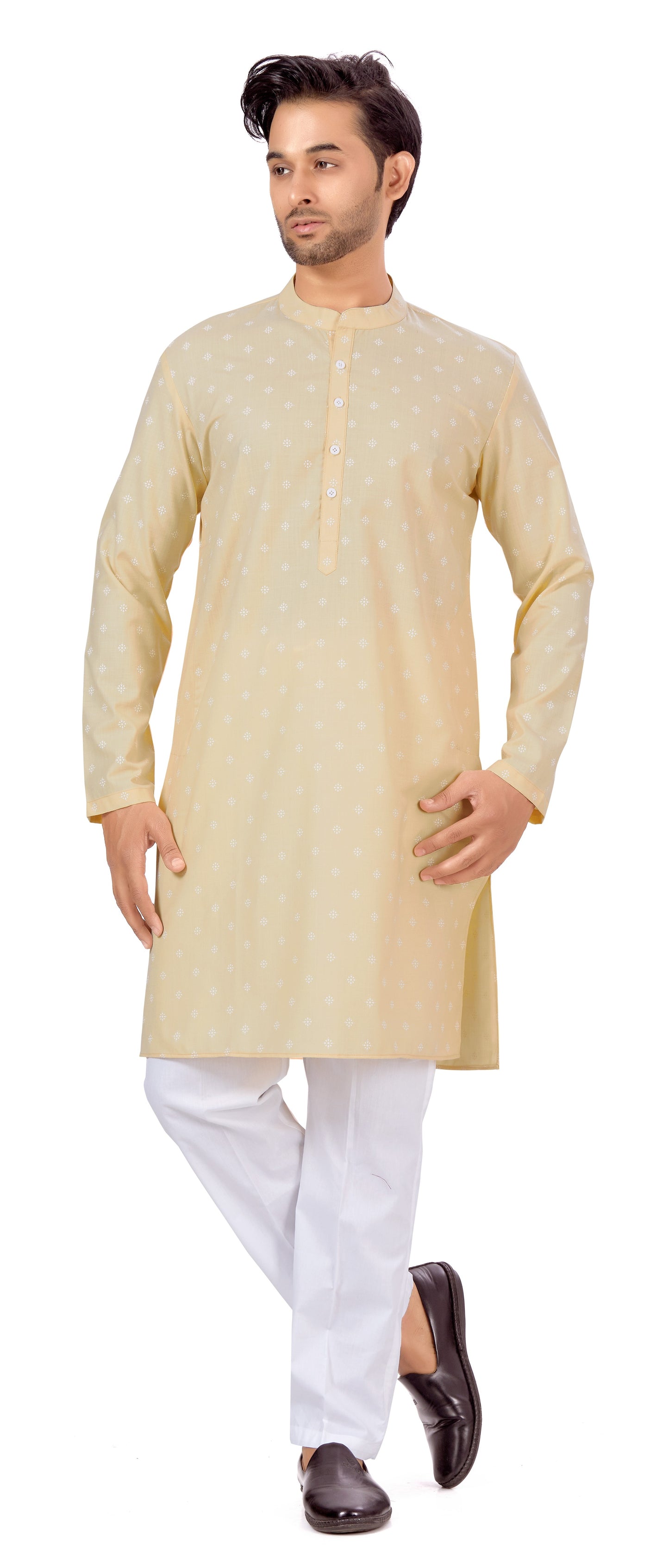Men's Peach Pastel Coloured Cotton Blend Relaxed Fit Printed Knee Length Kurta (Design 130)