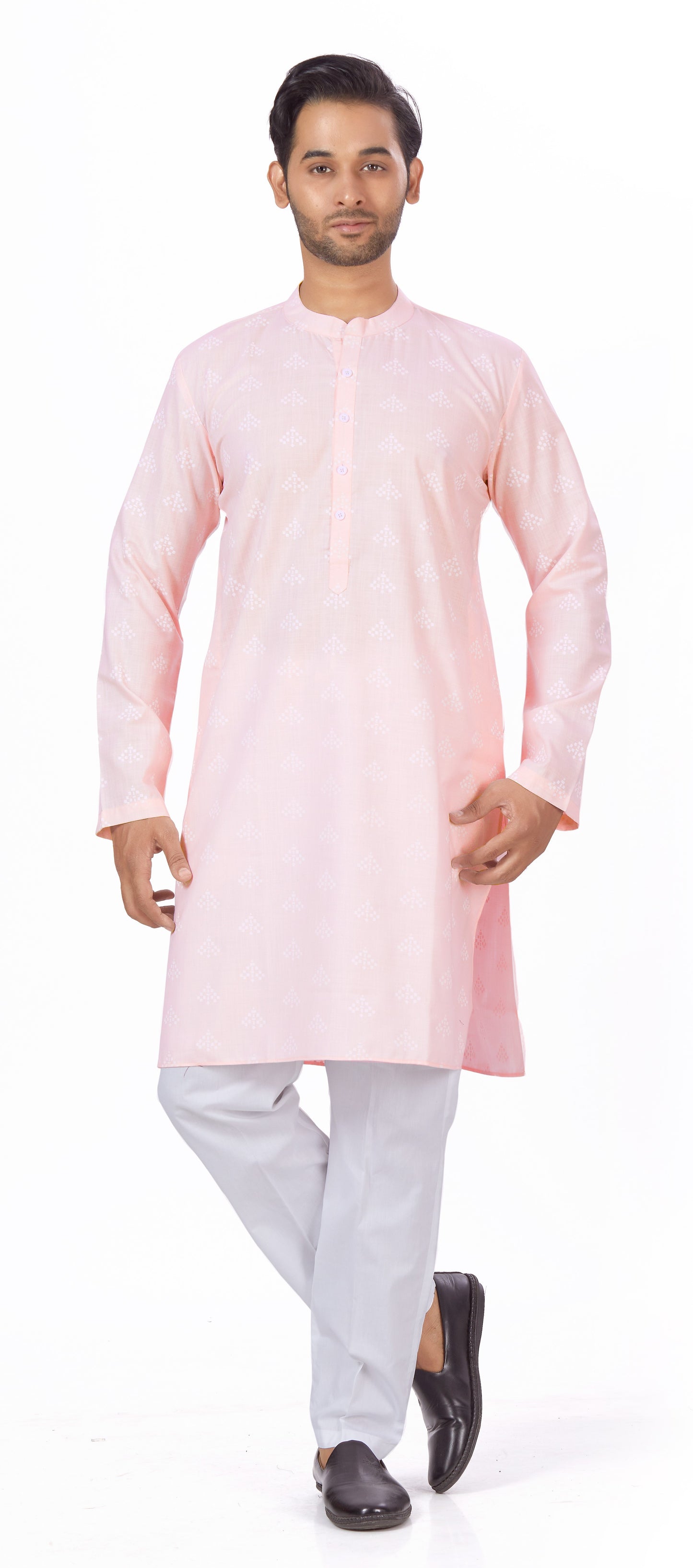 Men's Light Pink Pastel Coloured Cotton Blend Relaxed Fit Printed Knee Length Kurta(Design 132)