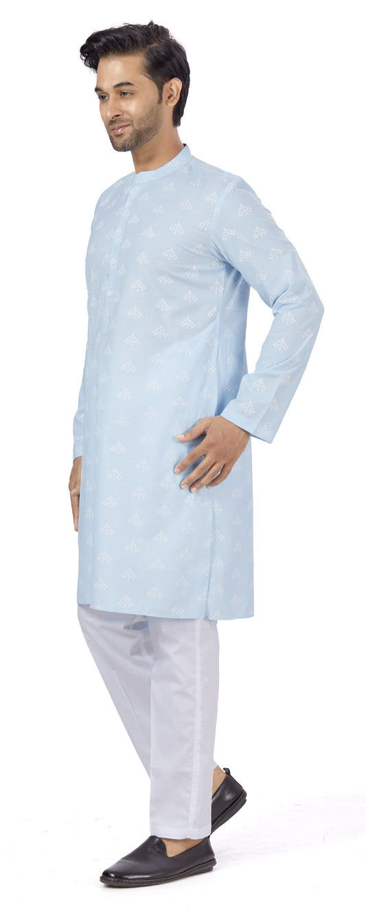 Men's Sky Blue Pastel Coloured Cotton Blend Relaxed Fit Printed Knee Length Kurta(Design 132)