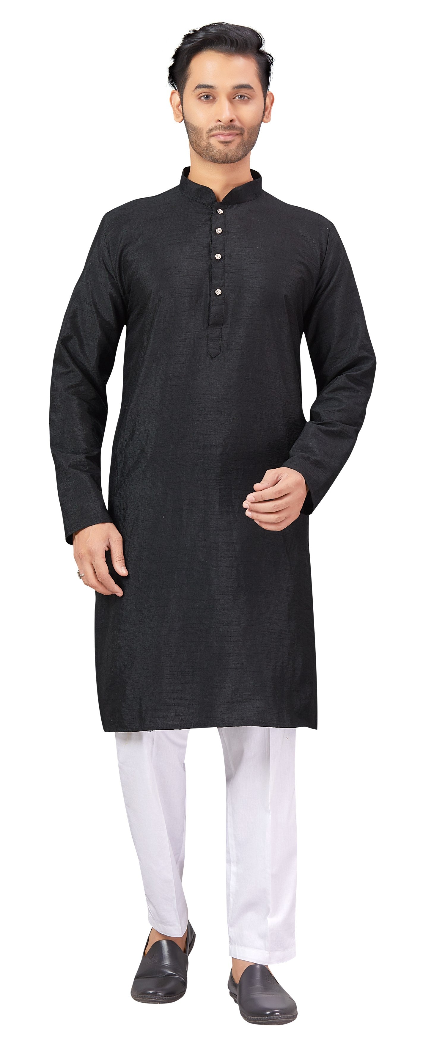 Men's Black Raw Silk Kurta (Design 163)
