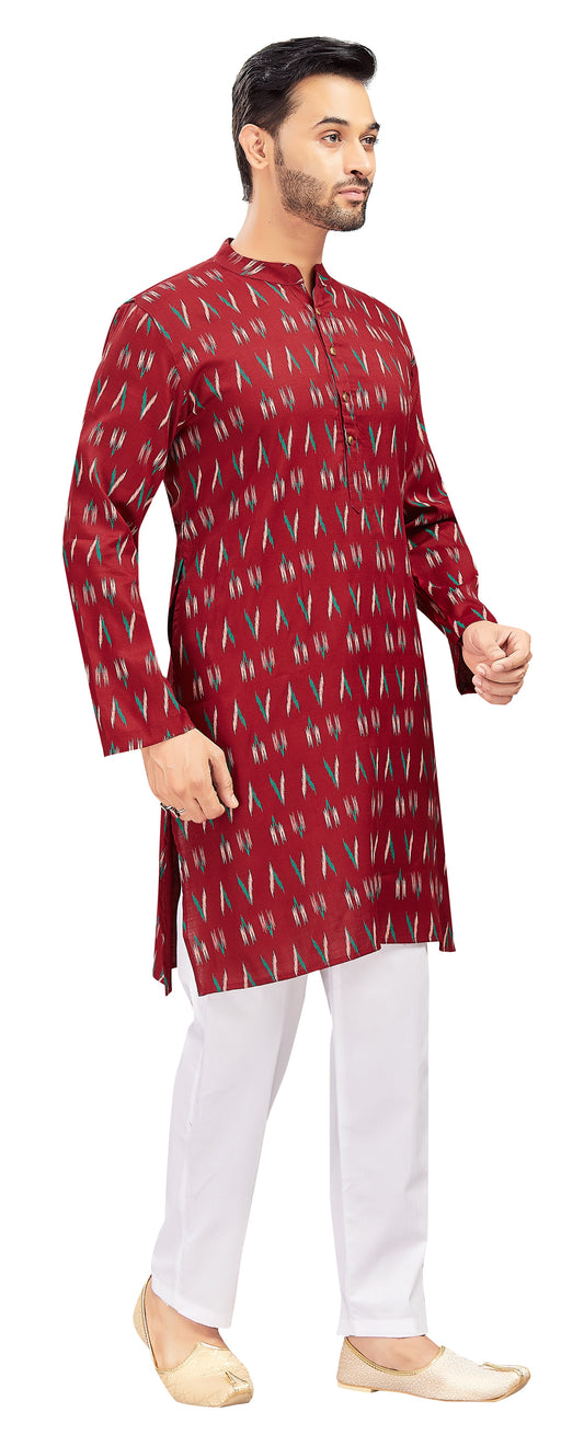 Men's Maroon Cotton Ikat Printed Knee Length Relax Fit Kurta (Design 188)