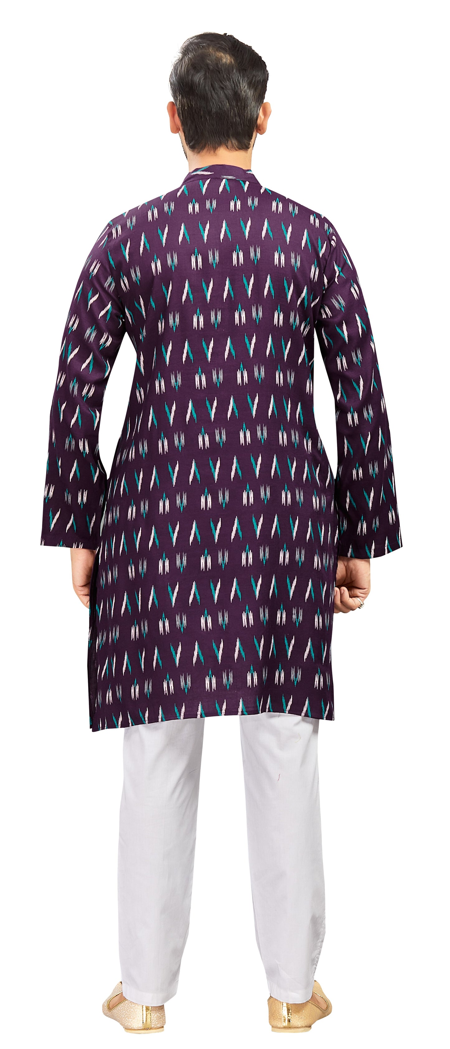 Men's Wine Cotton Ikat Printed Knee Length Relax Fit Kurta (Design 188)