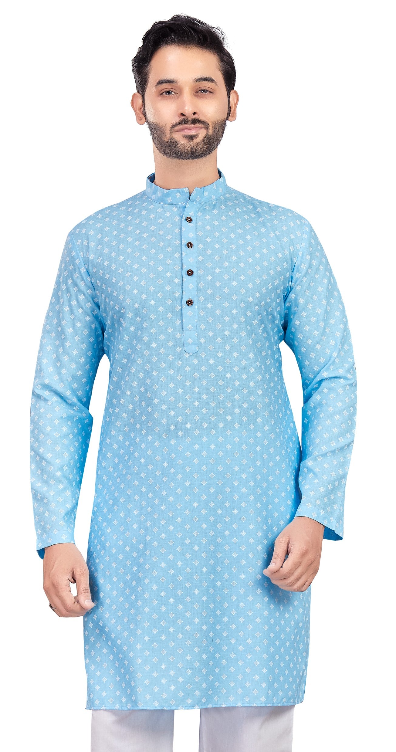 Men's Sky Blue Cotton Blend Printed Knee Length Kurta (Design 190)