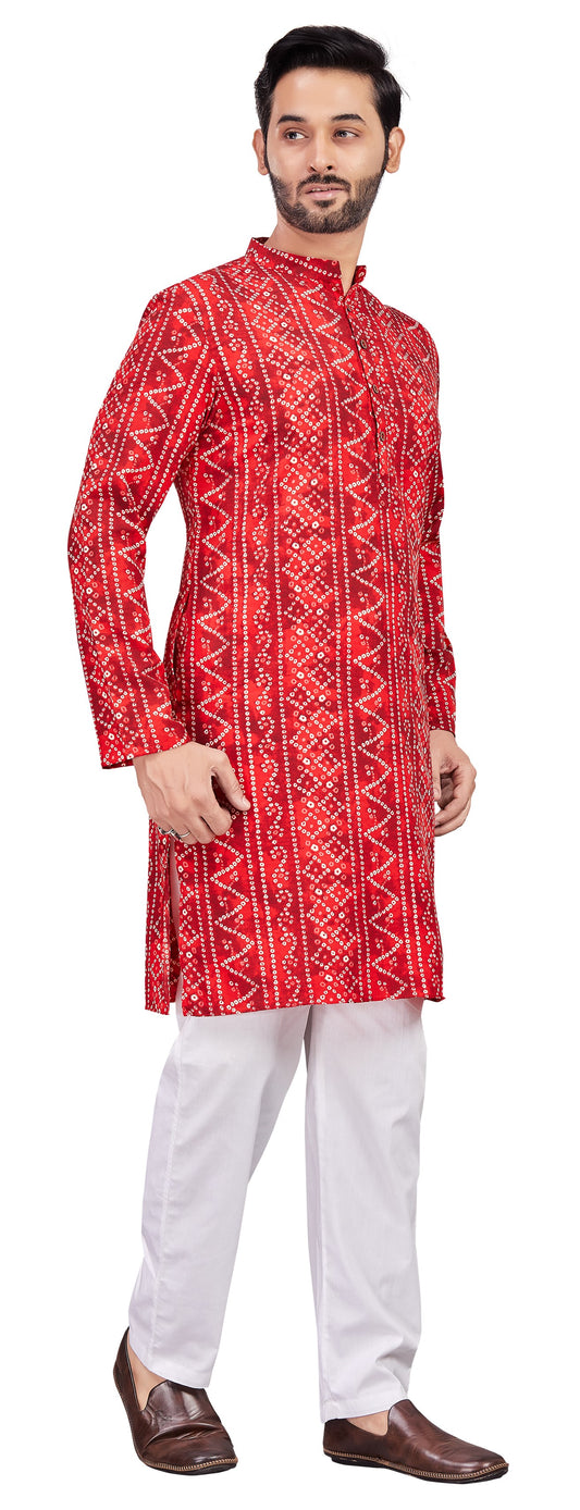 Men's Red Polyester Bandhni Print Knee Length Relax Fit Relaxed Fit Kurta (Design 191)