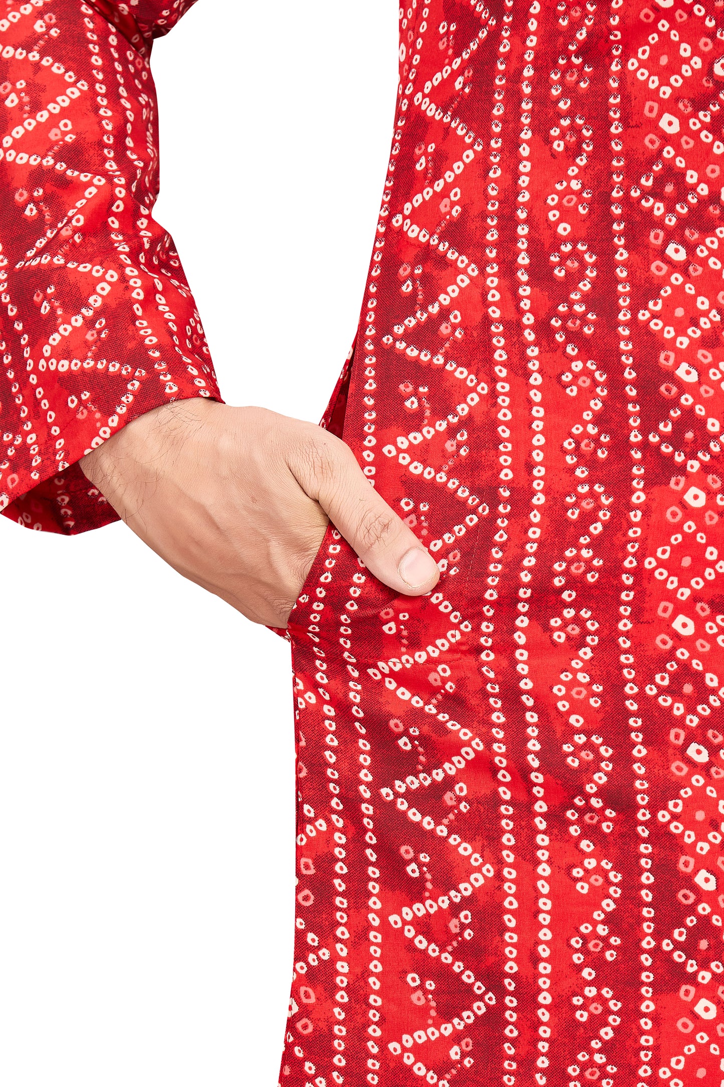 Men's Red Polyester Bandhni Print Knee Length Relax Fit Relaxed Fit Kurta (Design 191)
