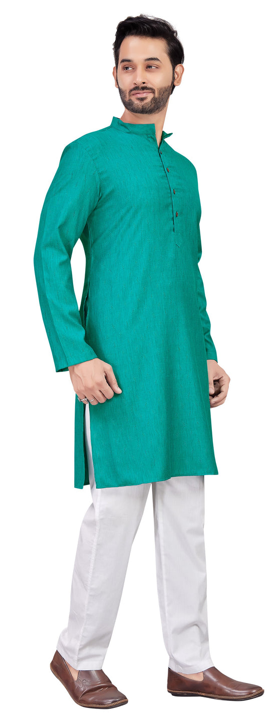 Men's Blue Cotton Blended Jacquard Knee Length Kurta (Design 193)