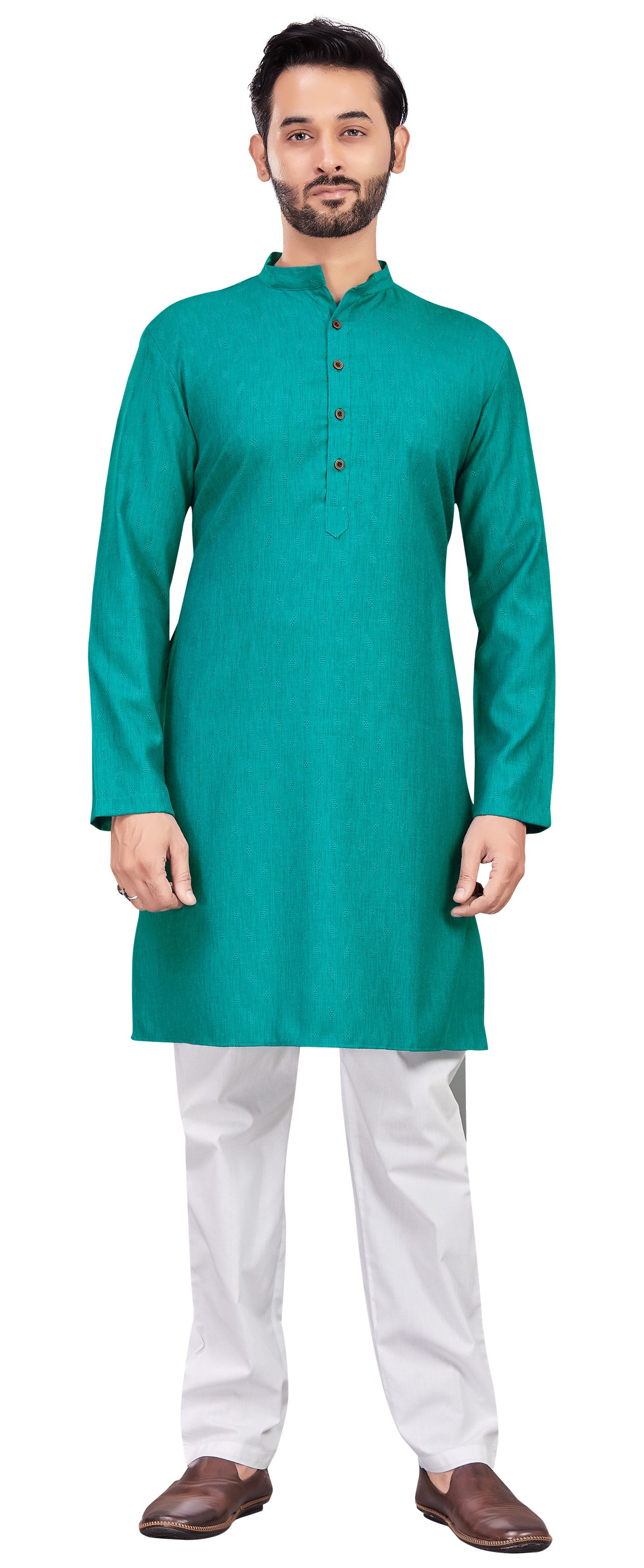 Men's Blue Cotton Blended Jacquard Knee Length Kurta (Design 193)