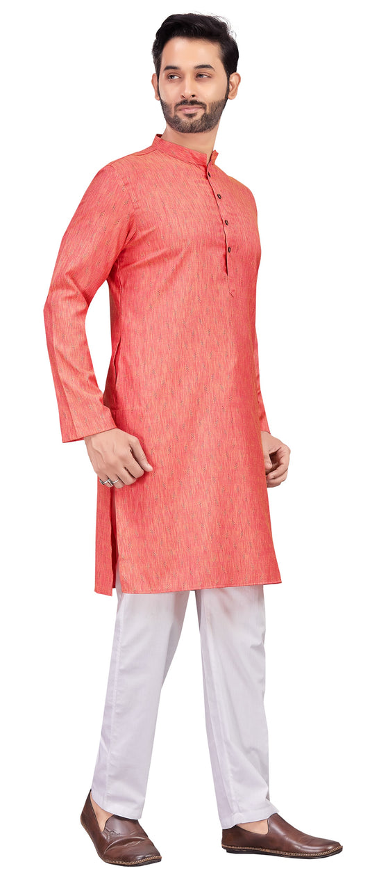 Men's Pink Cotton Blended Jacquard Knee Length Kurta (Design 193)