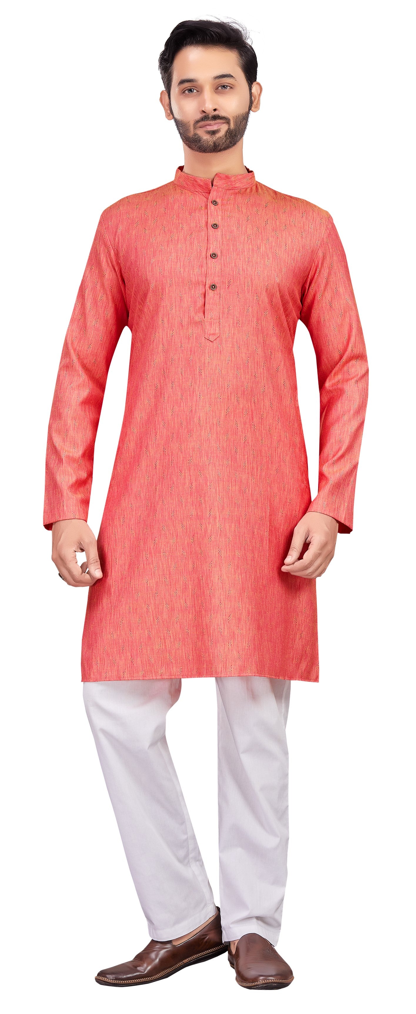 Men's Pink Cotton Blended Jacquard Knee Length Kurta (Design 193)