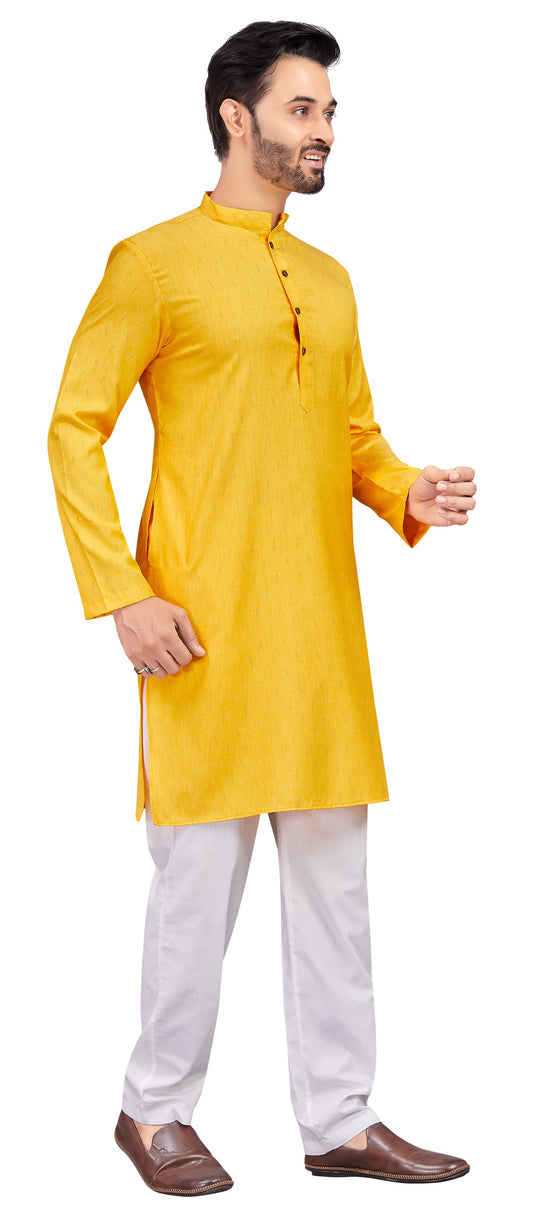 Men's Yellow Cotton Blended Jacquard Knee Length Kurta (Design 193)