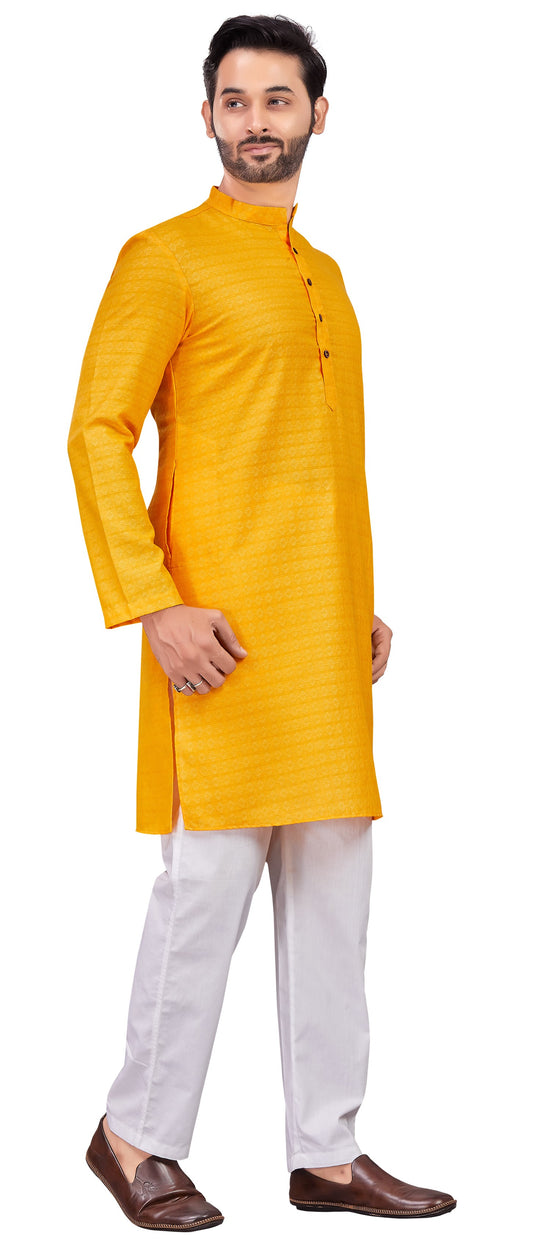 Men's Yellow Cotton Blended Jacquard Knee Length Kurta (Design 194)