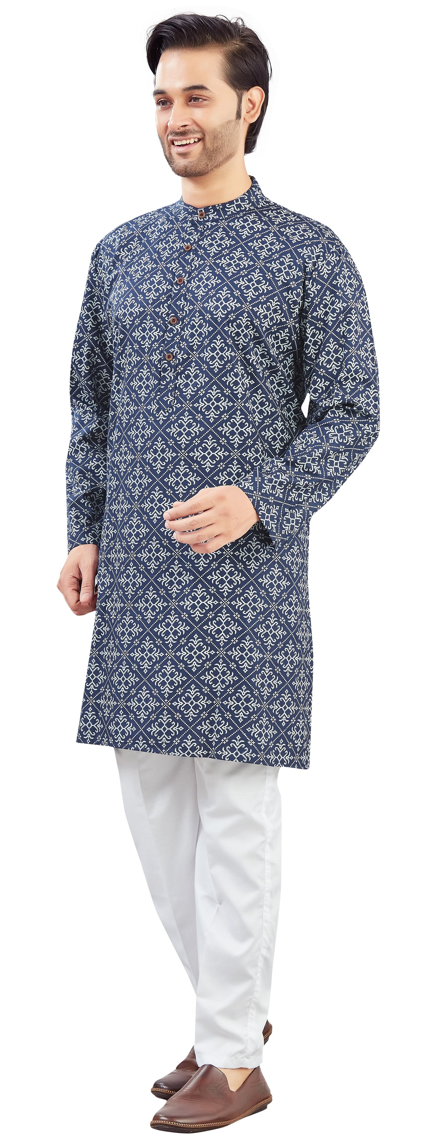 Men's Navy Blue Cotton Printed Knee Length Relax Fit Kurta (Design 201)