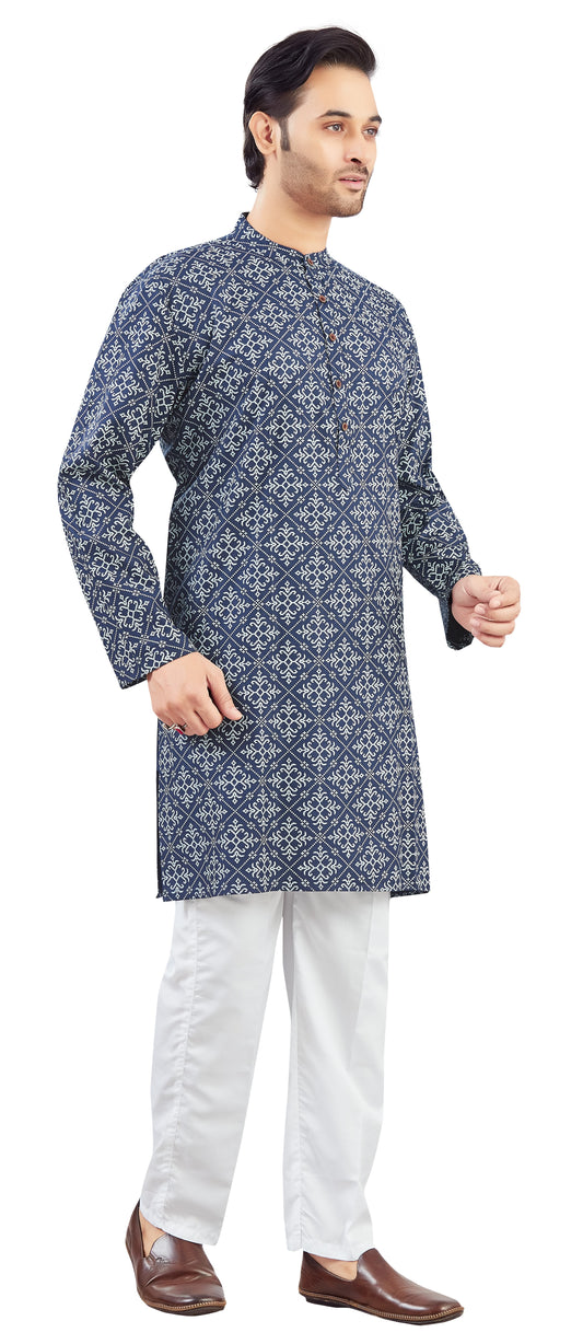 Men's Navy Blue Cotton Printed Knee Length Relax Fit Kurta (Design 201)