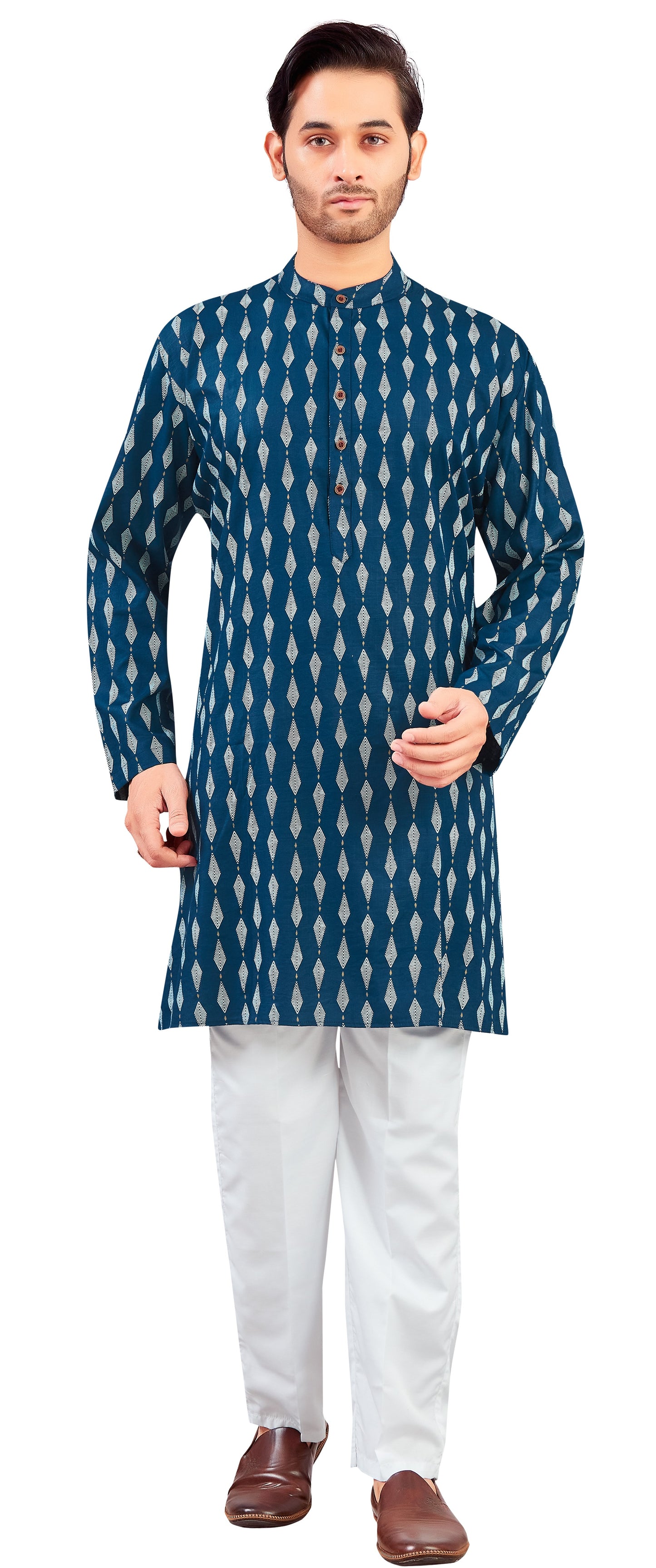 Men's Navy Blue Cotton Bohemian Printed Knee Length Relax Fit Kurta (Design 207)
