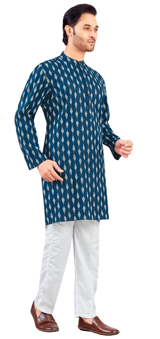 Men's Navy Blue Cotton Bohemian Printed Knee Length Relax Fit Kurta (Design 207)