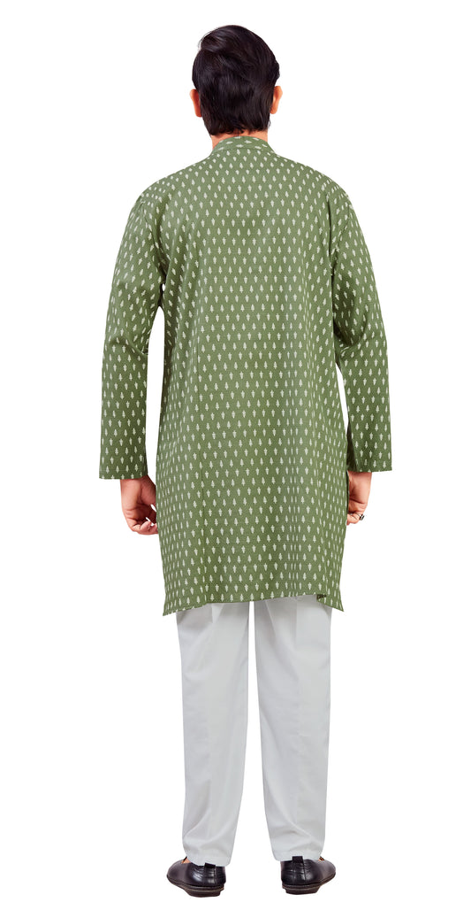 Men's Olive Green Cotton Printed Knee Length Relax Fit Kurta (Design 209)