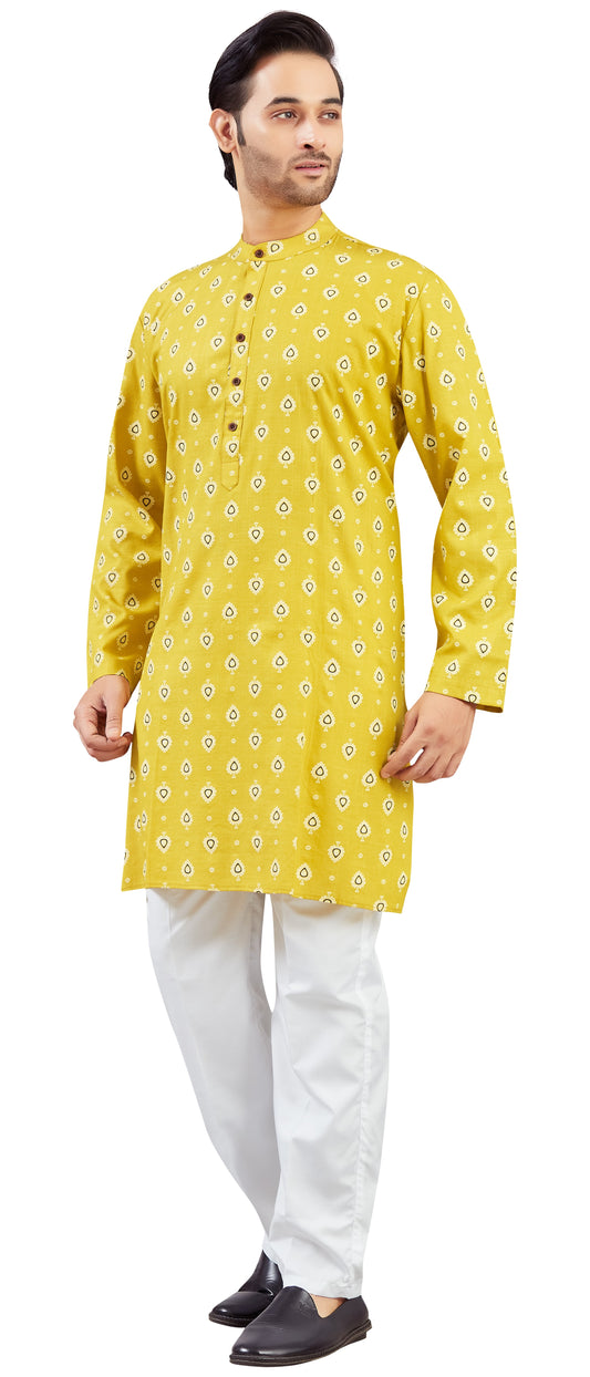Men's Haldi Yellow Cotton Printed Knee Length Relax Fit Kurta (Design 214)