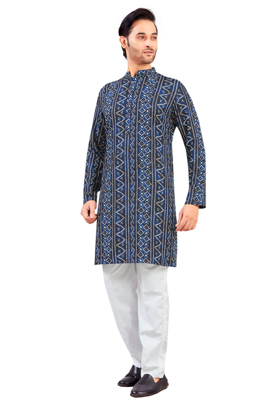 Men's Navy Blue Polyester Relaxed Fit Yellow Bandhni Print Knee Length Kurta (Design 191)