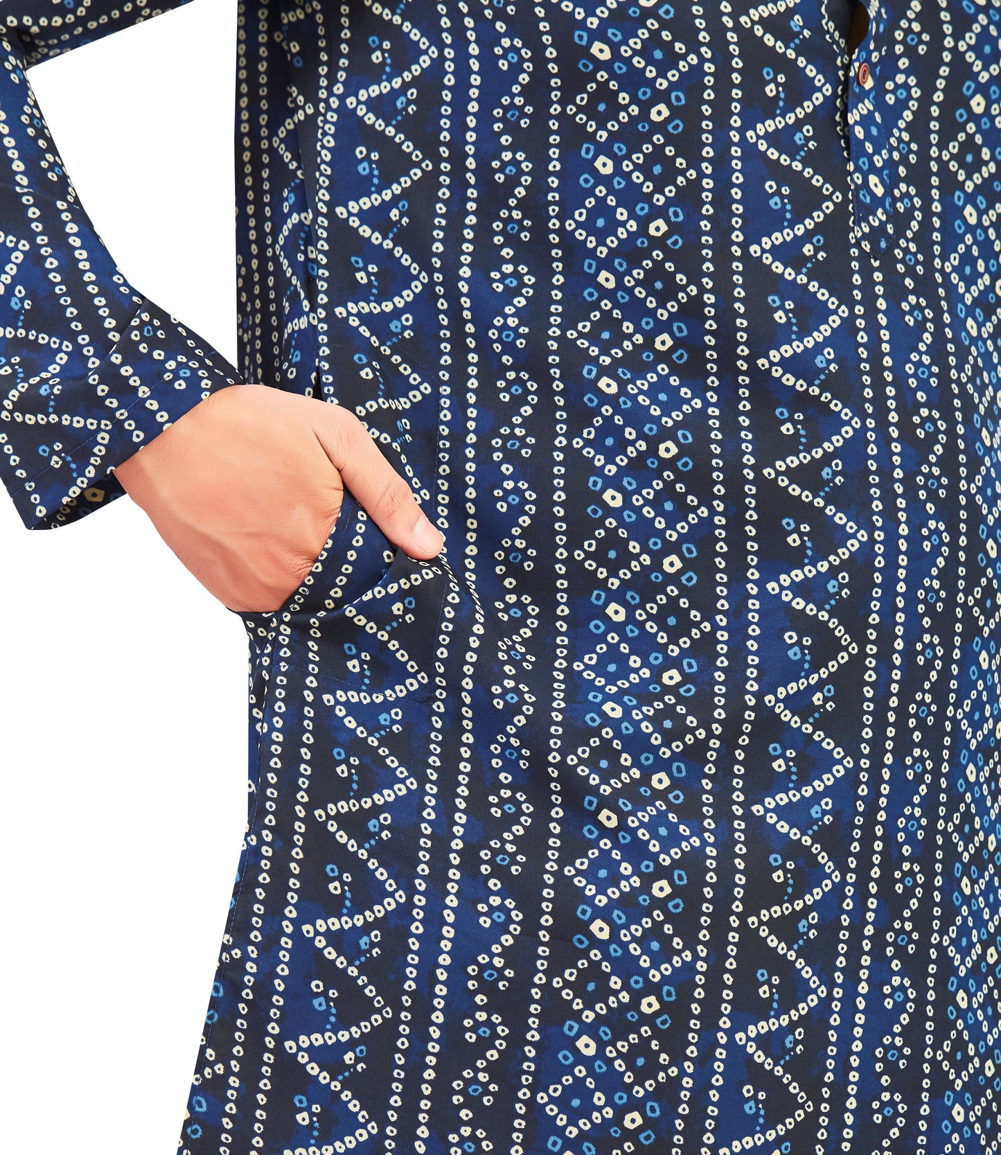 Men's Navy Blue Polyester Relaxed Fit Yellow Bandhni Print Knee Length Kurta (Design 191)