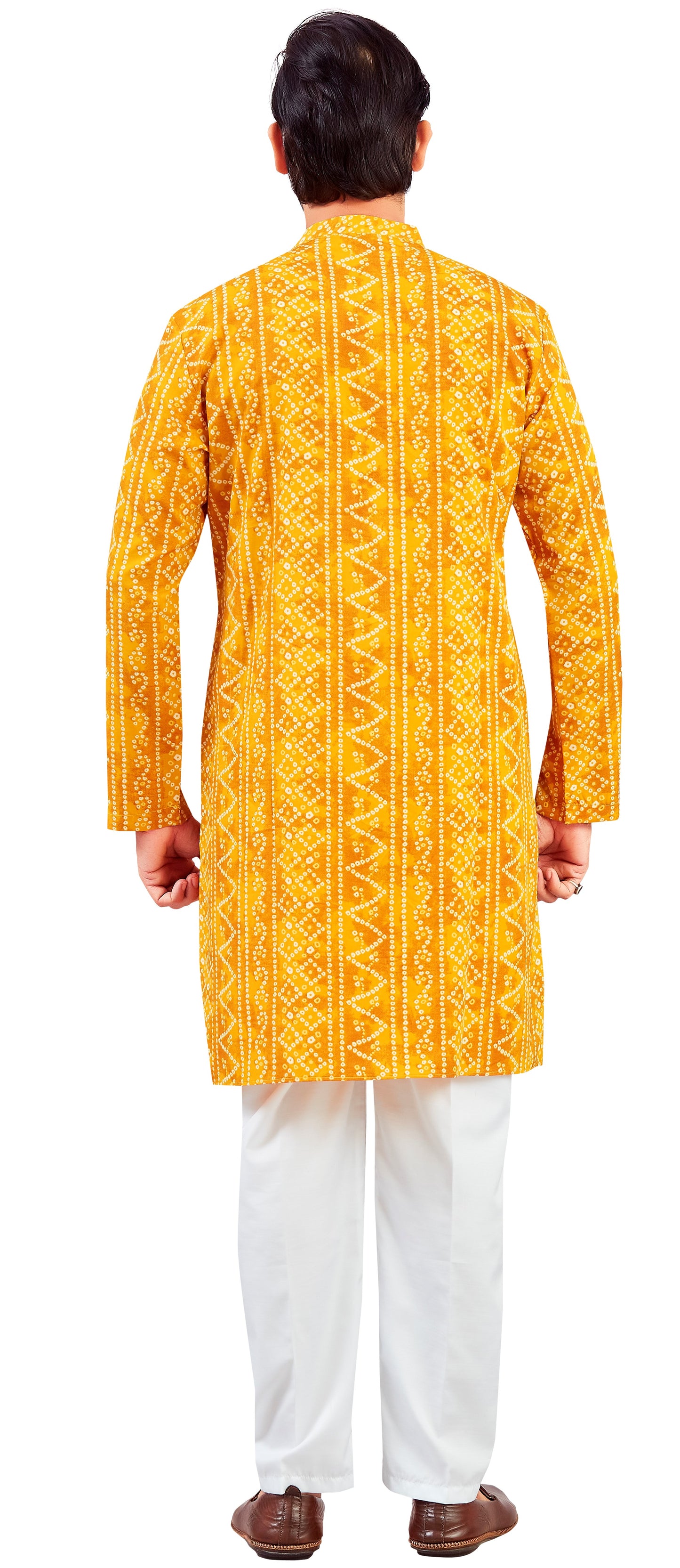 Men's Yellow Polyester Relaxed Fit Yellow Bandhni Print Knee Length Kurta (Design 191)
