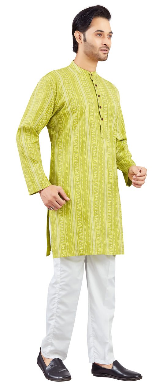 Men's Lime Green Cotton Printed Knee Length Relax Fit Kurta (Design 203)