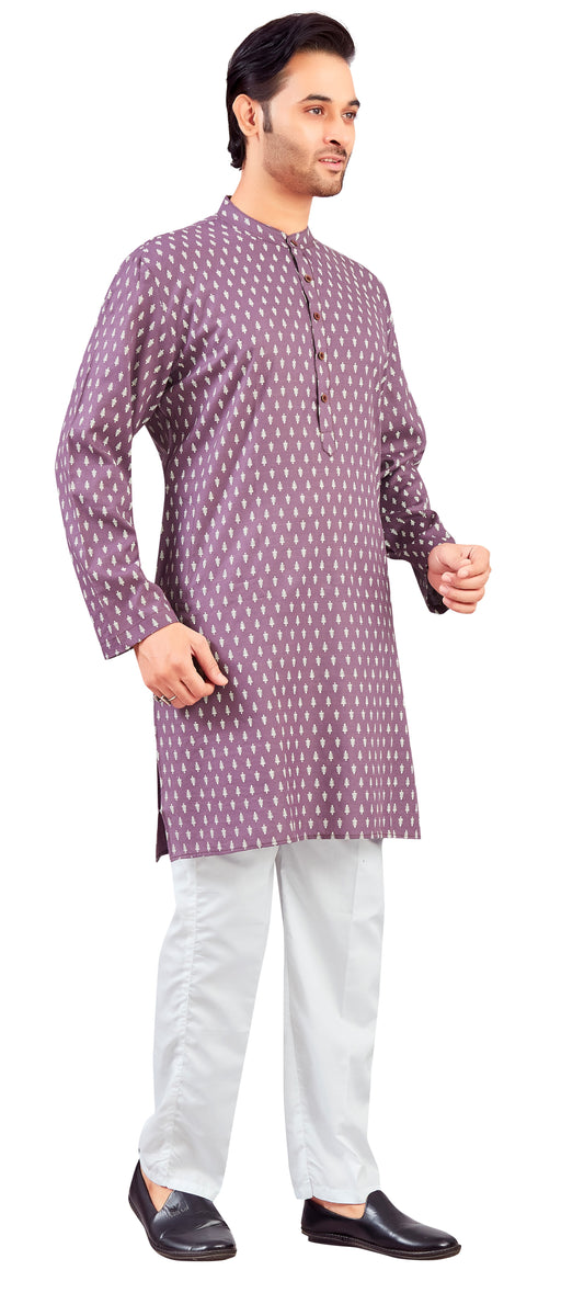 Men's Wine Cotton Relaxed Fit Printed Knee Length Kurta (Design 205)