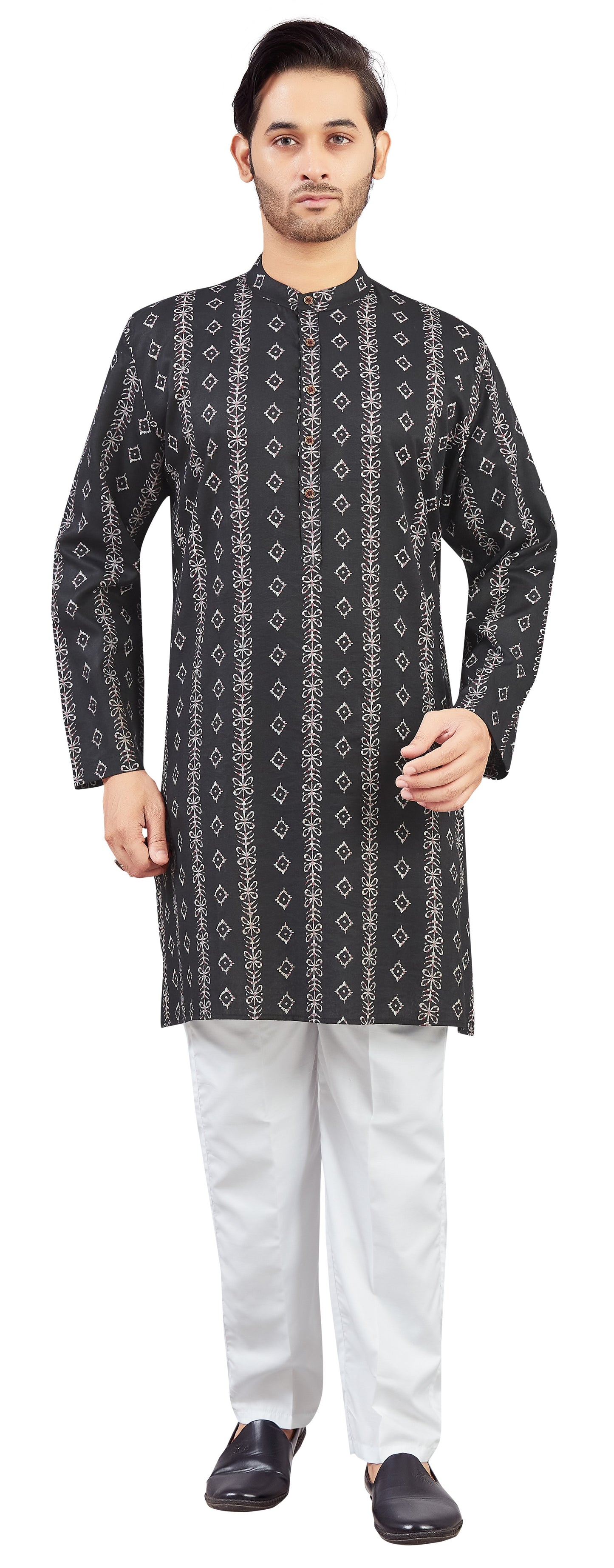 Men's Black Cotton Batik Printed Knee Length Relax Fit Kurta (Design 206)