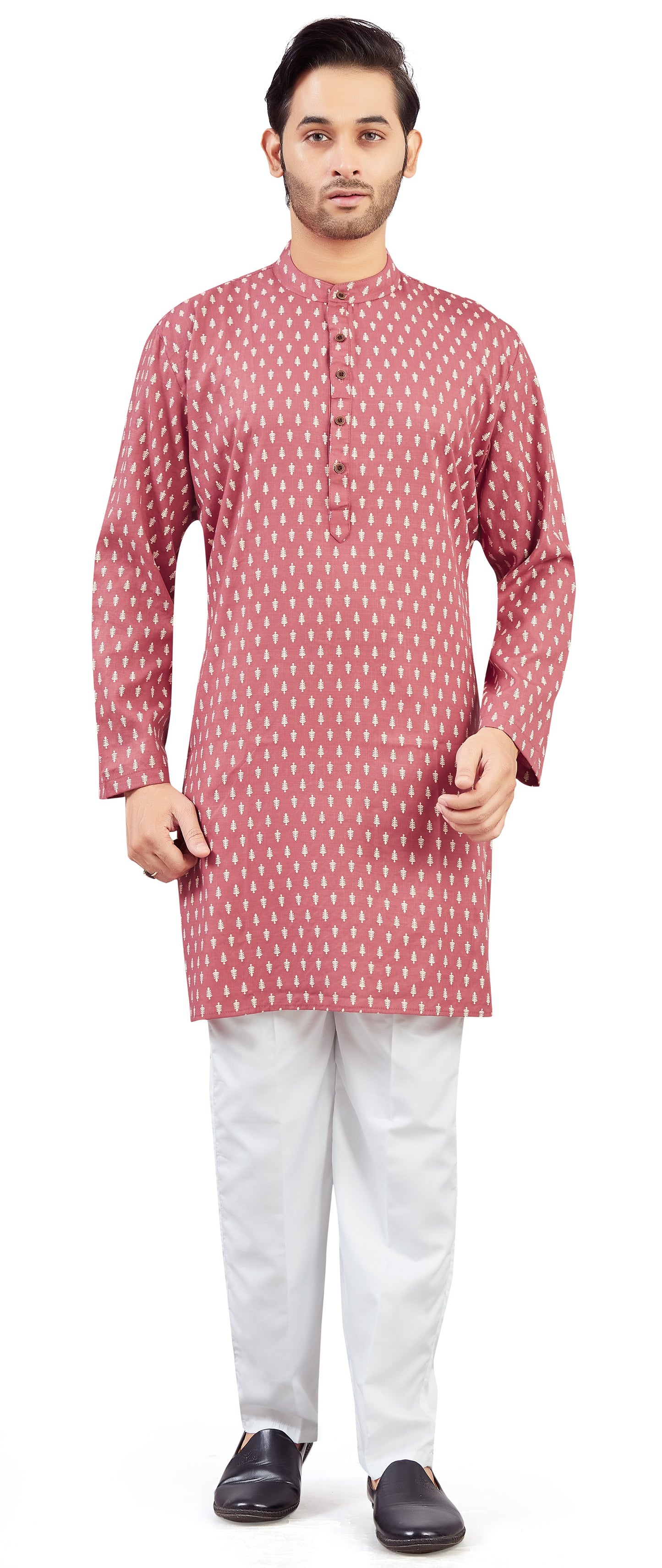 Men's Pink Carrot Coloured Cotton Printed Knee Length Relax Fit Kurta (Design 208)