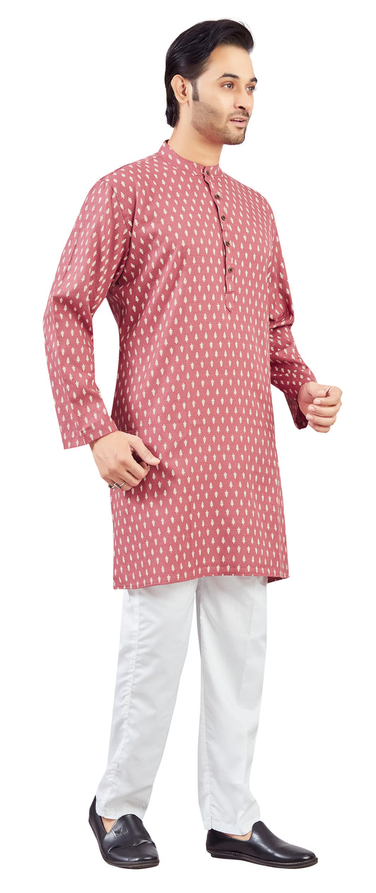 Men's Pink Carrot Coloured Cotton Printed Knee Length Relax Fit Kurta (Design 208)