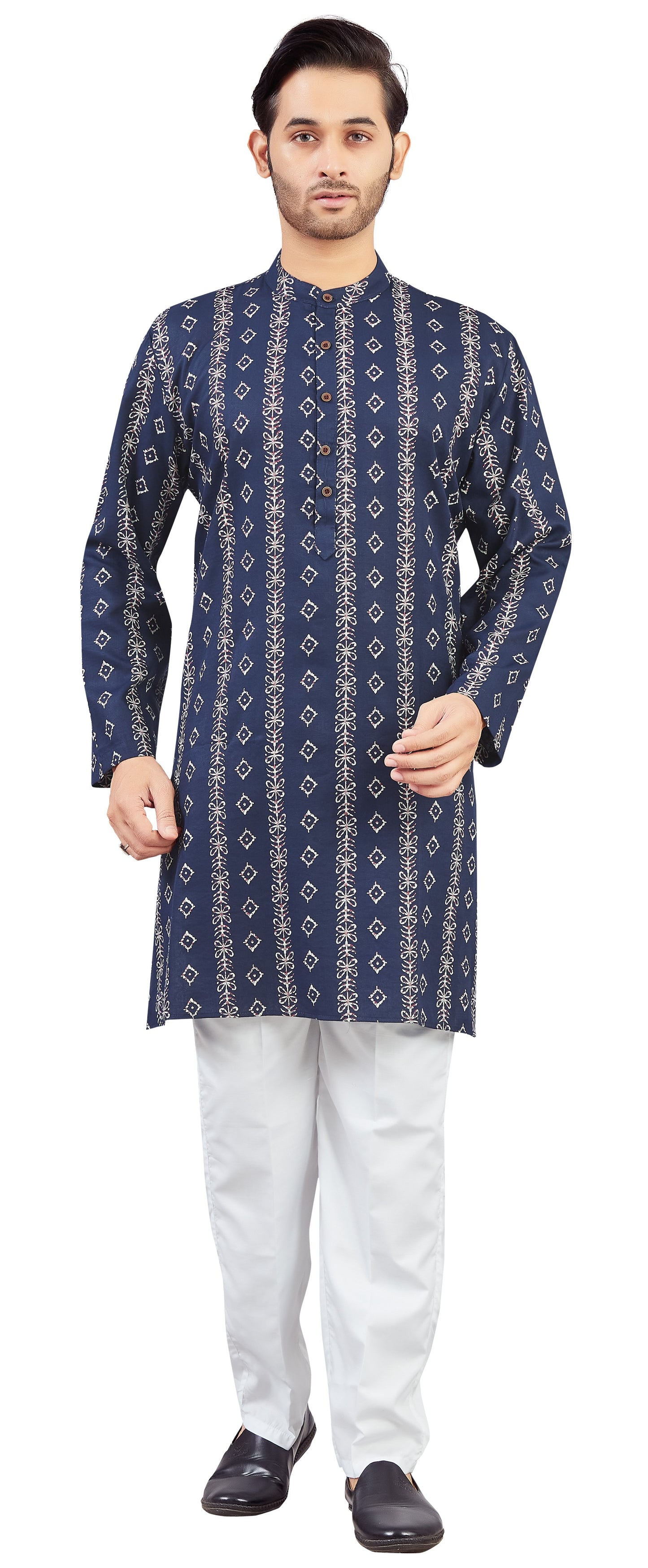 Men's Navy Blue Cotton Batik Printed Knee Length Relax Fit Kurta (Design 210)