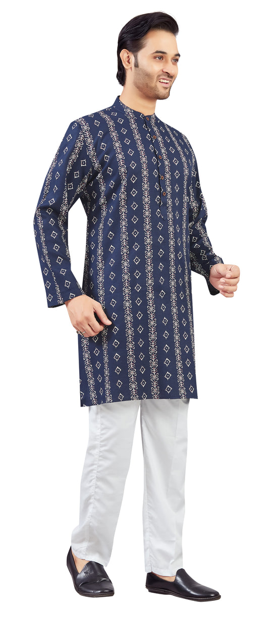 Men's Navy Blue Cotton Batik Printed Knee Length Relax Fit Kurta (Design 210)