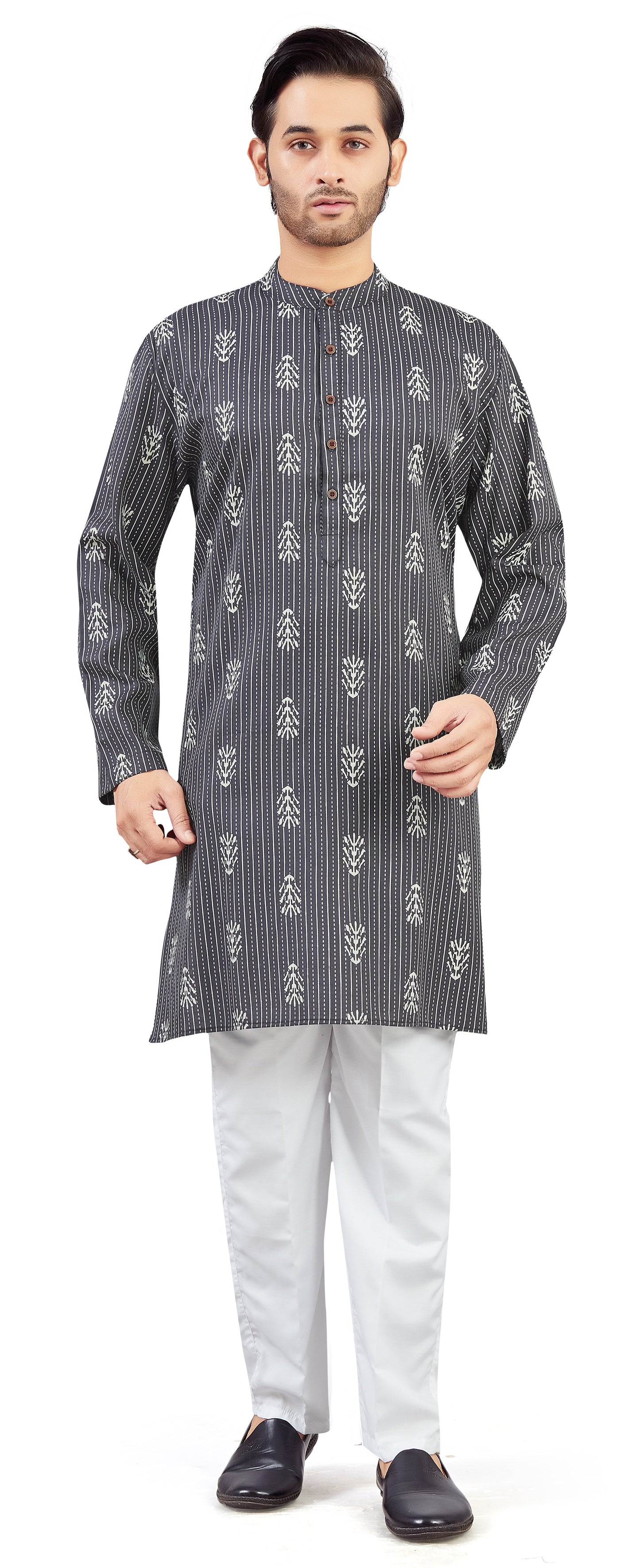 Men's Steel Grey Cotton Printed Knee Length Relax Fit Kurta (Design 211)