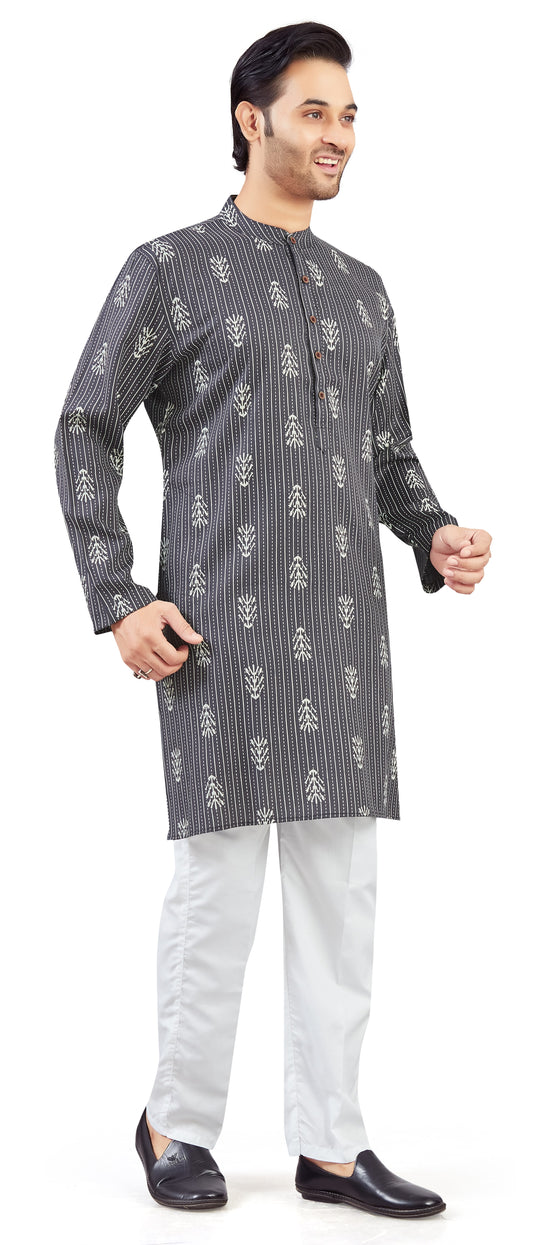 Men's Steel Grey Cotton Printed Knee Length Relax Fit Kurta (Design 211)