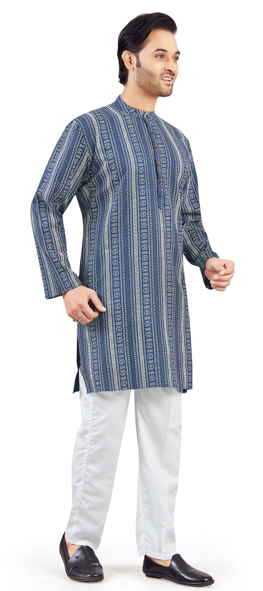 Men's Navy Blue Cotton Turkish Printed Knee Length Relax Fit Kurta (Design 212)
