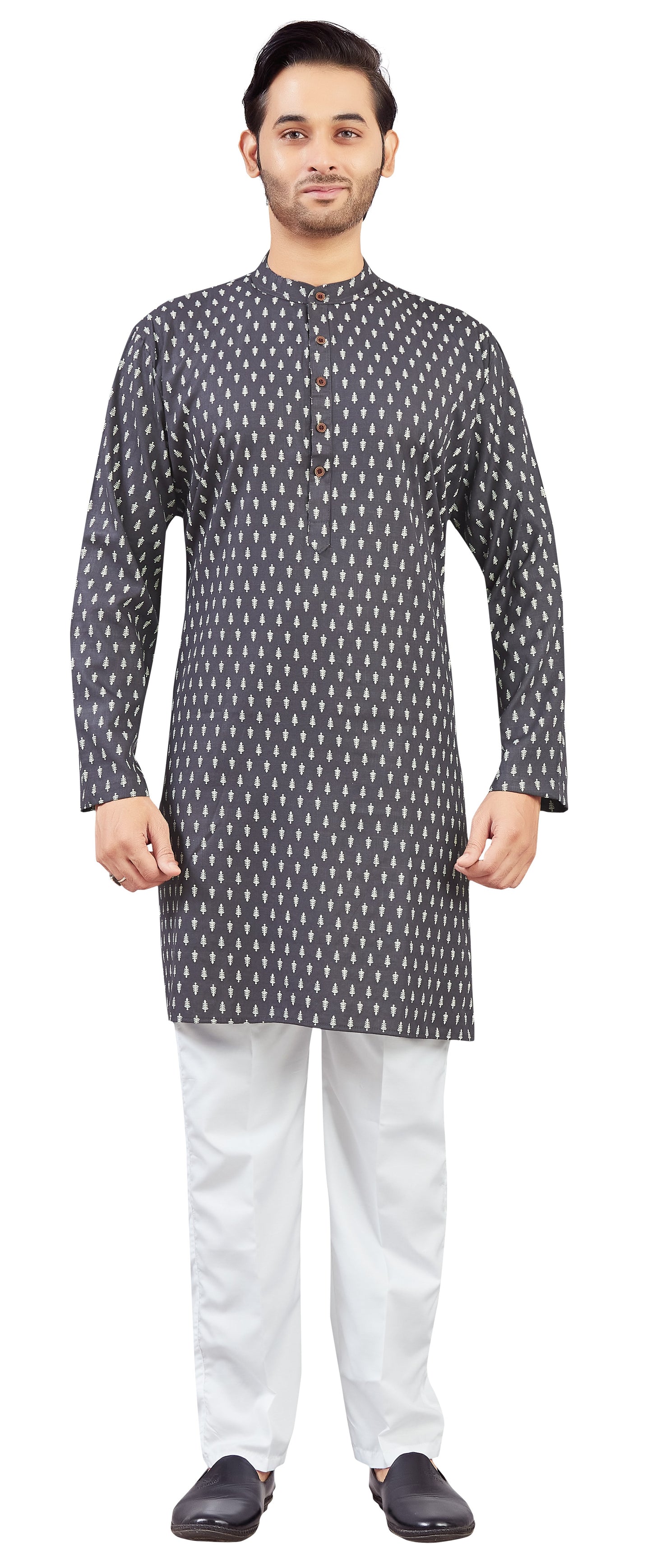 Men's Dark Grey Coloured Cotton Printed Knee Length Relax Fit Kurta (Design 213)